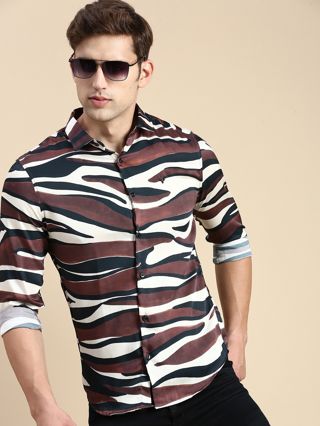 

SHOWOFF Abstract Printed Comfort Slim Fit Cotton Casual Shirt, Brown