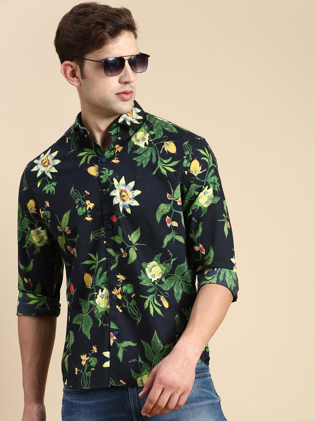 

SHOWOFF Premium Slim Fit Floral Printed Cotton Casual Shirt, Navy blue