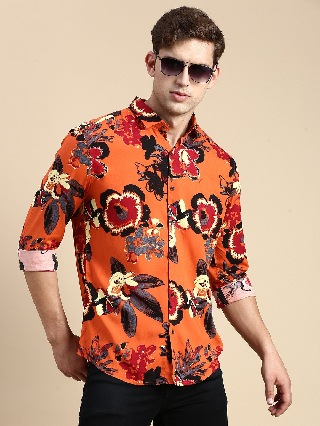 

SHOWOFF Floral Printed Premium Slim Fit Opaque Cotton Casual Shirt, Rust