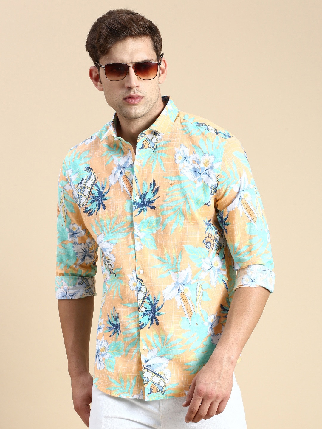 

SHOWOFF Floral Printed Premium Slim Fit Opaque Cotton Casual Shirt, Orange