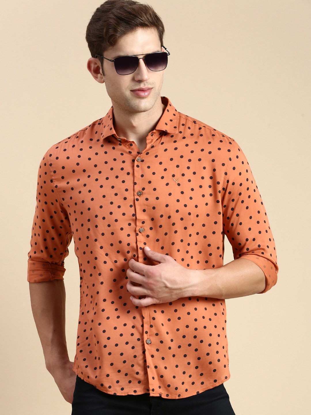 

SHOWOFF Premium Slim Fit Opaque Polka Dot Printed Cotton Casual Shirt, Rust