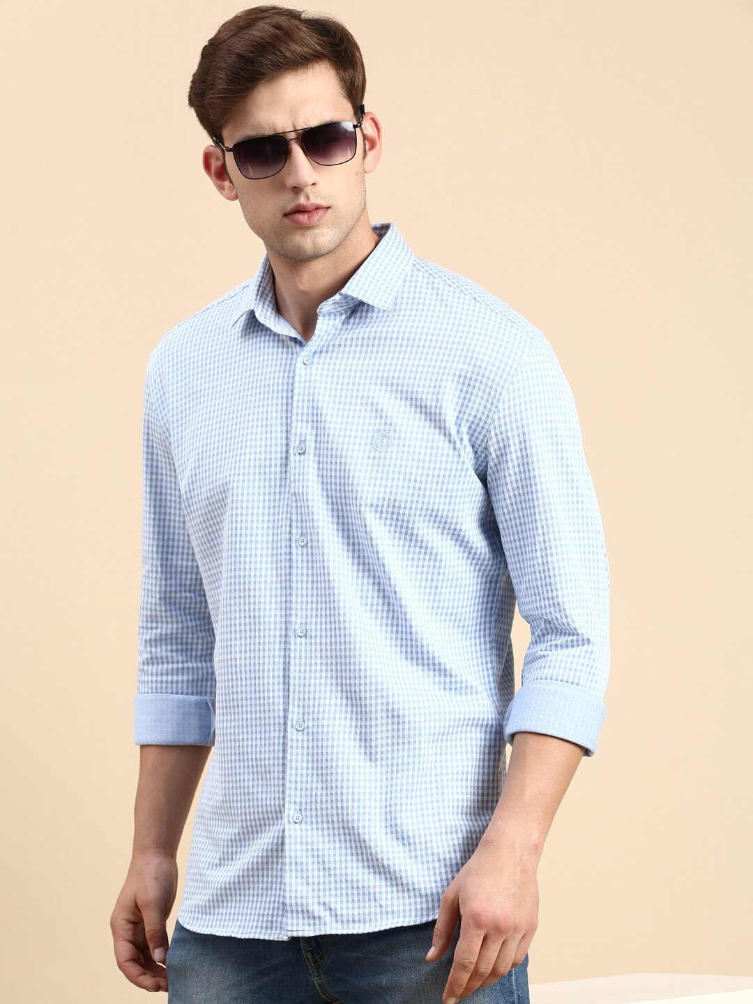 

SHOWOFF Men Grid Tattersall Checked Cotton Comfort Slim Fit Opaque Casual Shirt, Blue