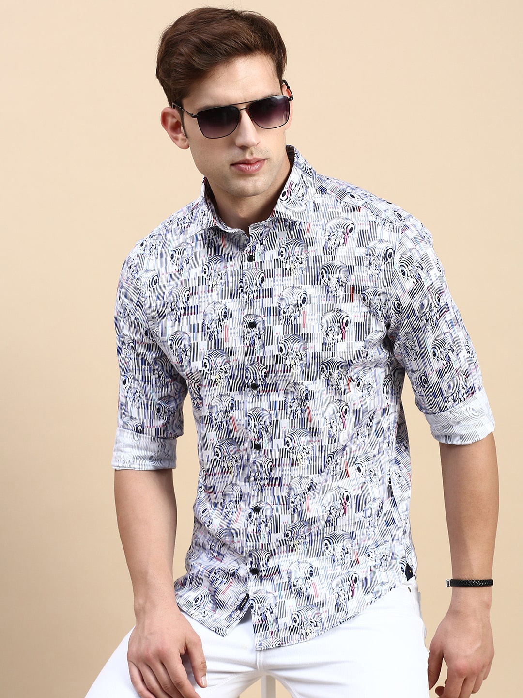 

SHOWOFF Comfort Slim Fit Opaque Abstract Printed Cotton Casual Shirt, White