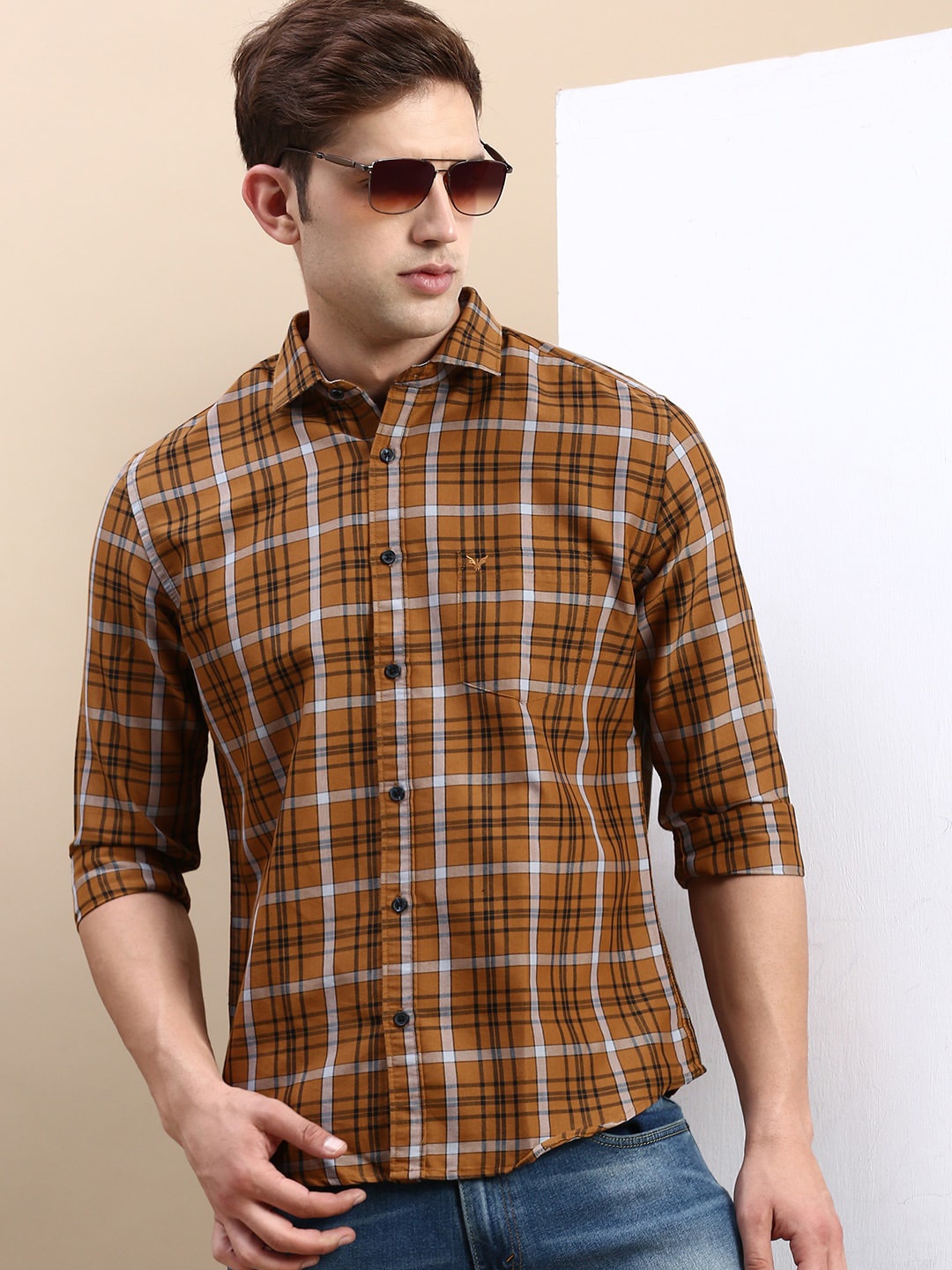 

SHOWOFF Comfort Slim Fit Tartan Checks Cotton Casual Shirt, Mustard