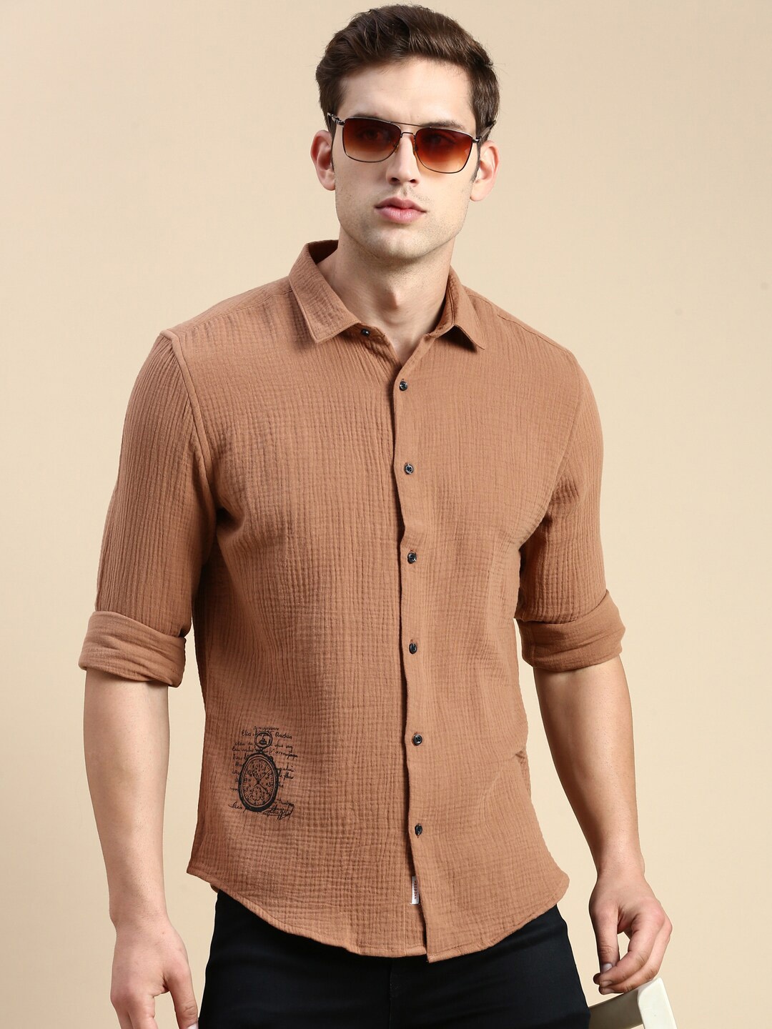 

SHOWOFF Premium Slim Fit Textured Cotton Casual Shirt, Brown