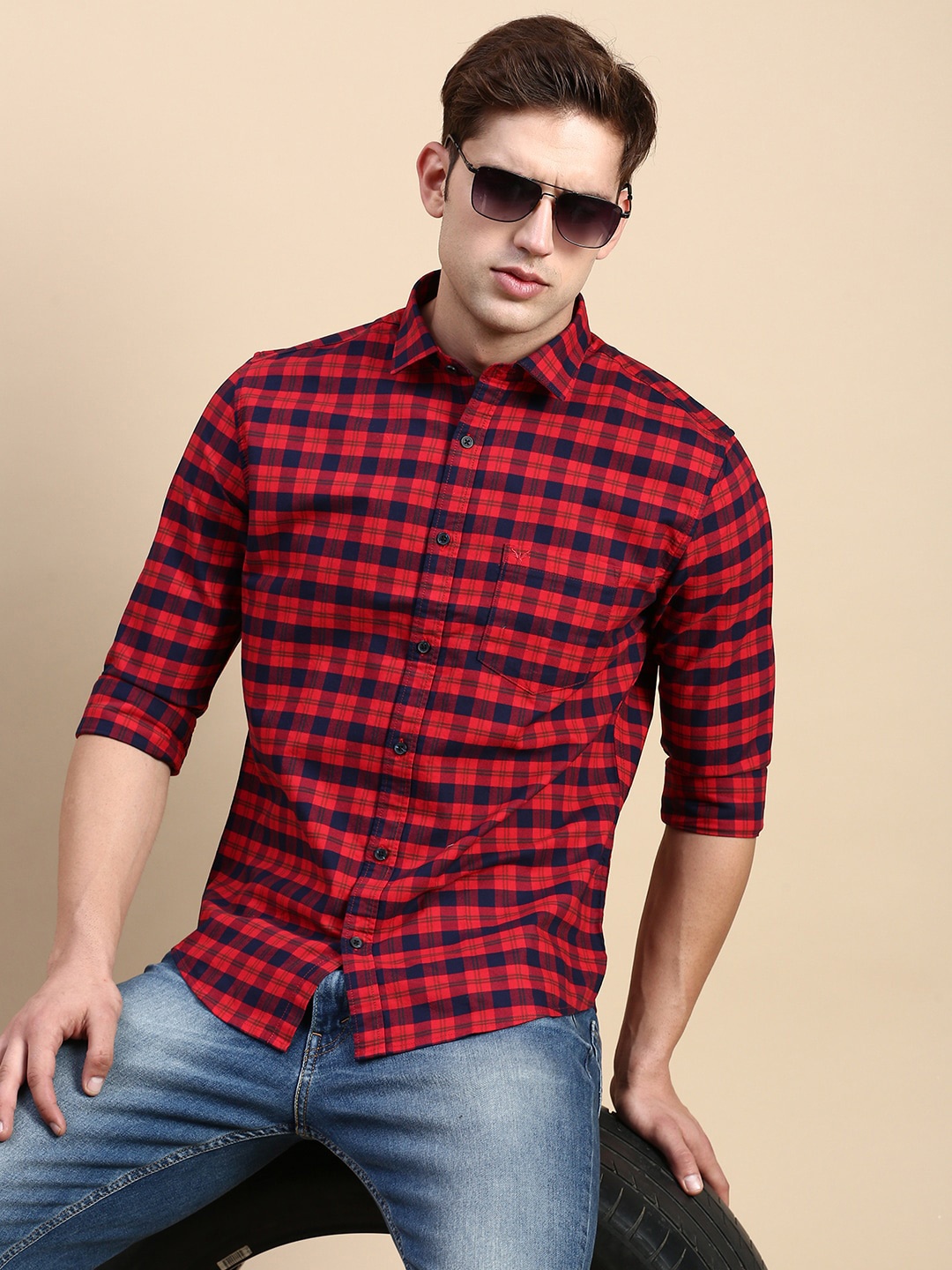 

SHOWOFF Checked Comfort Slim Fit Opaque Cotton Casual Shirt, Red