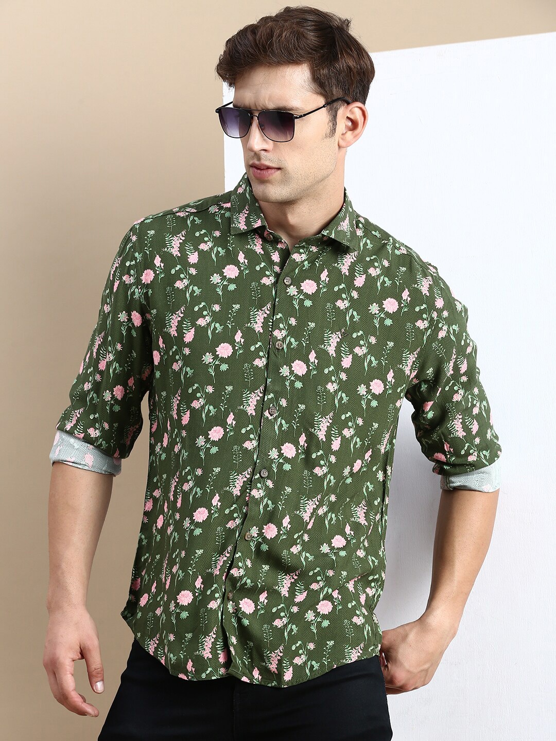 

SHOWOFF Premium Slim Fit Floral Printed Cotton Casual Shirt, Olive