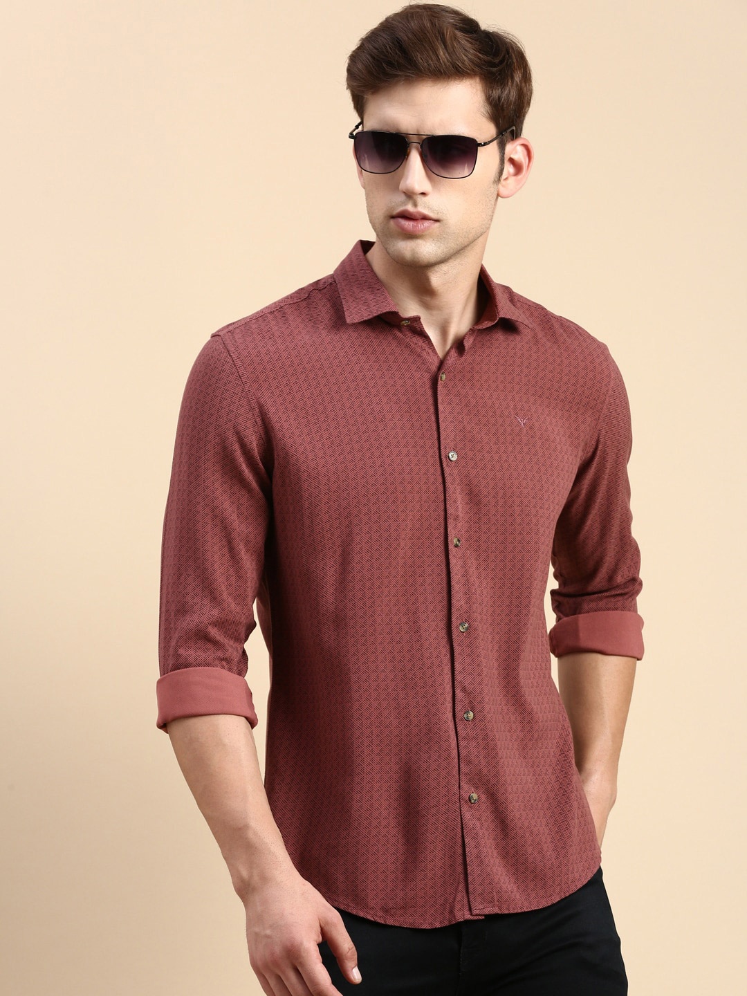 

SHOWOFF Premium Slim Fit Geometric Printed Cotton Casual Shirt, Maroon