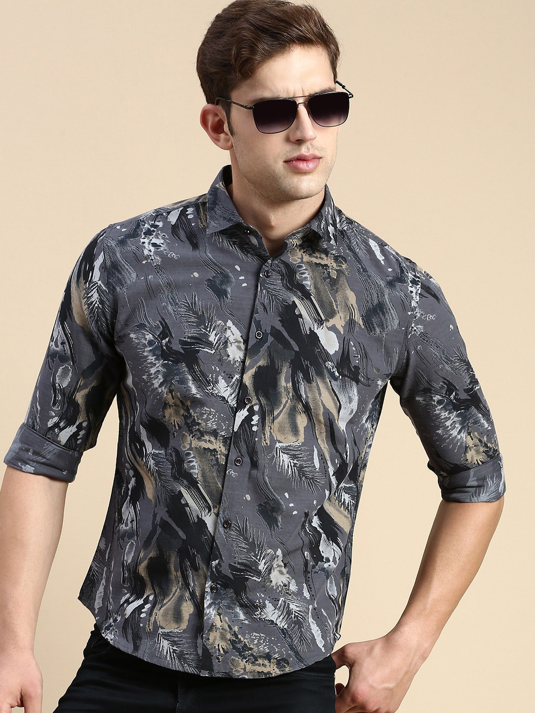 

SHOWOFF Floral Printed Comfort Slim Fit Cotton Casual Shirt, Grey