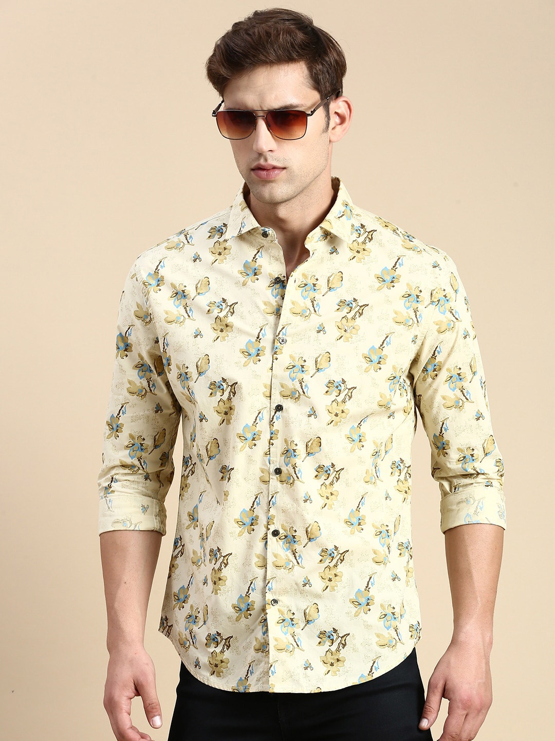 

SHOWOFF Premium Slim Fit Floral Printed Cotton Casual Shirt, Yellow