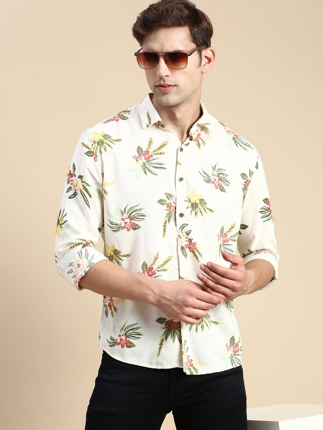 

SHOWOFF Floral Printed Premium Slim Fit Cotton Casual Shirt, Cream