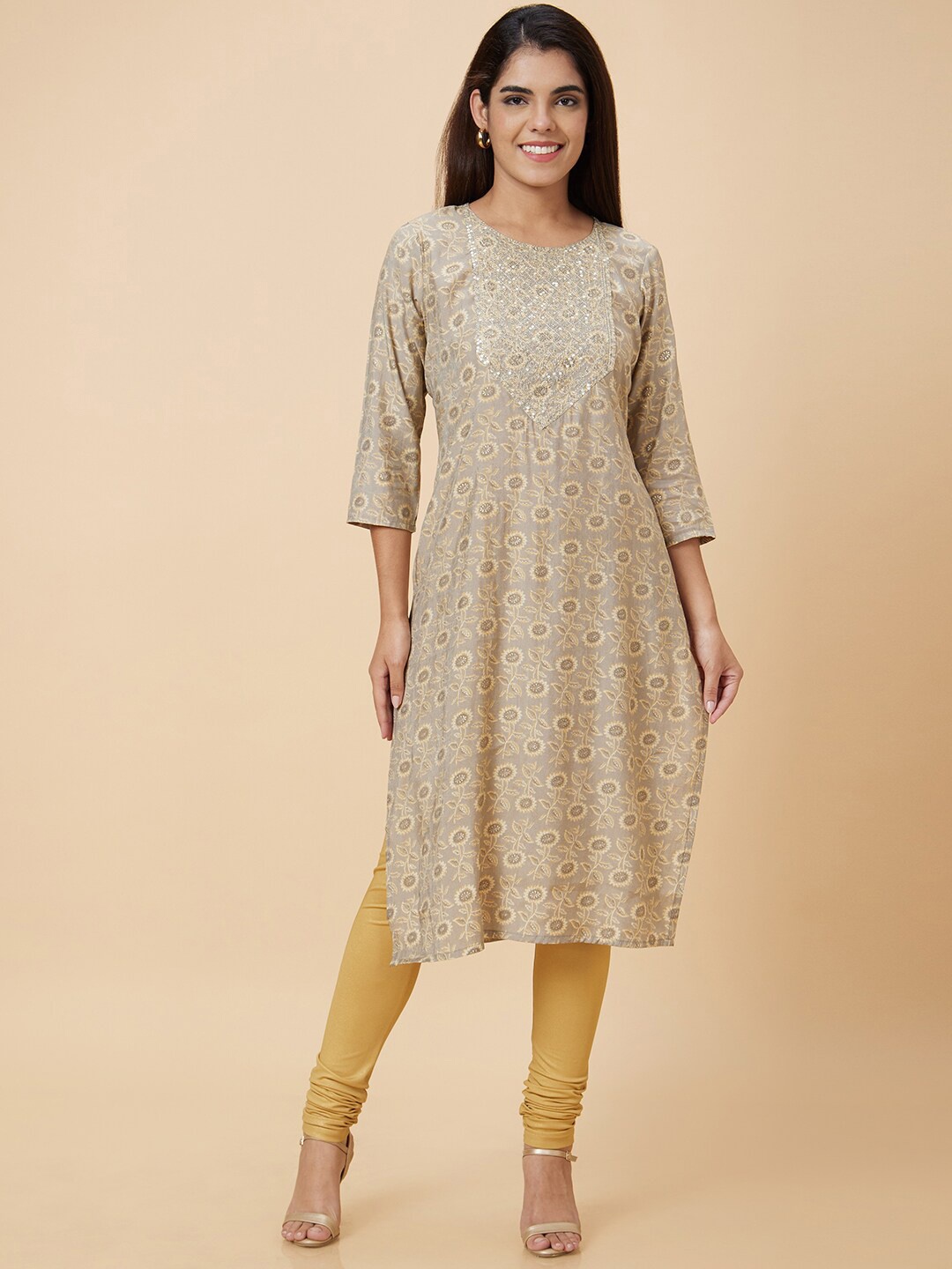 

Globus Taupe Floral Printed Sequinned Straight Kurta