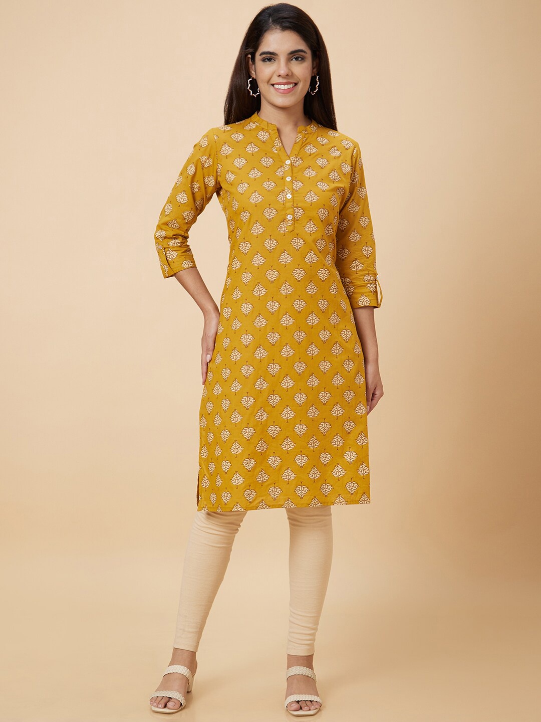 

Globus Mustard Yellow Ethnic Motifs Printed Pure Cotton Kurta