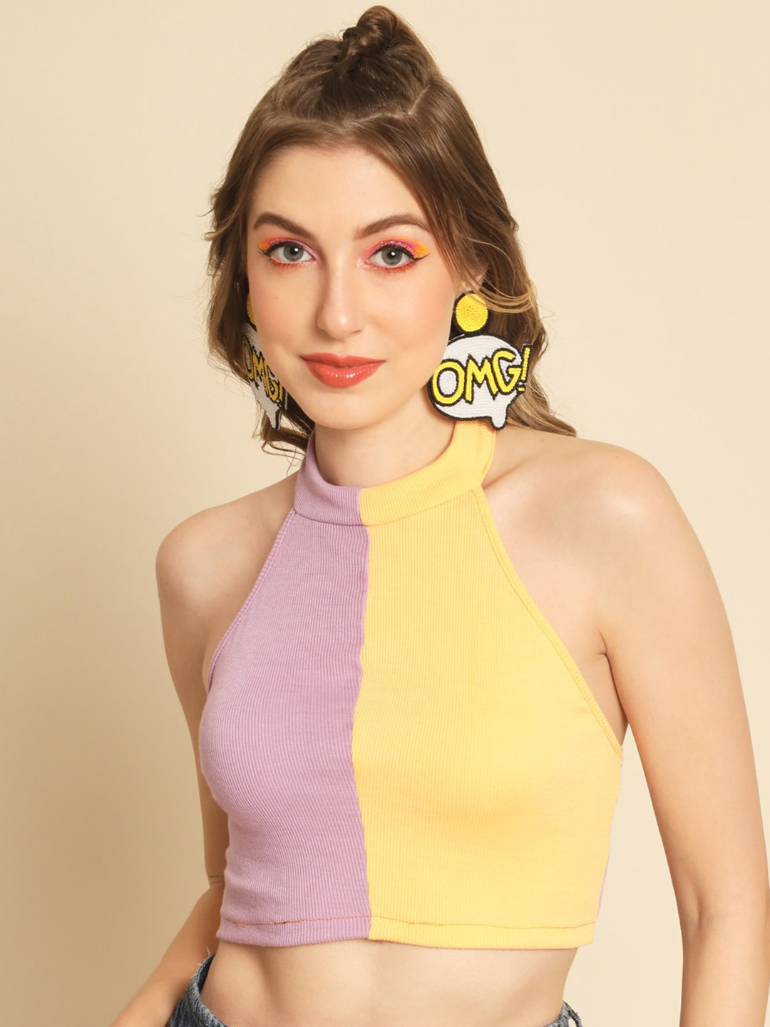 

BAESD Sleeveless Halter Neck Fitted Crop Top, Yellow