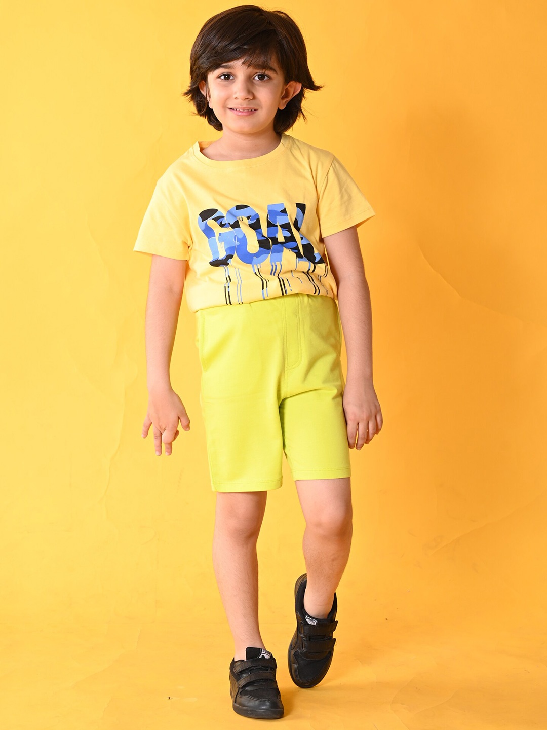 

Anthrilo Boys Printed Pure Cotton T-shirt with Shorts, Yellow