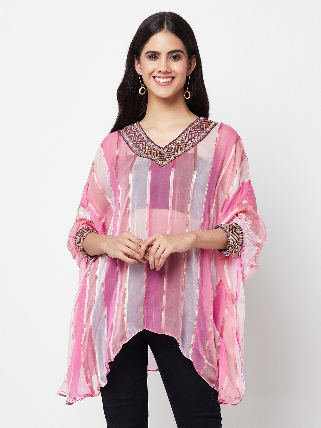 

La Vastraa Striped Flared Sleeves Pure Chiffon Kaftan Kurti, Pink