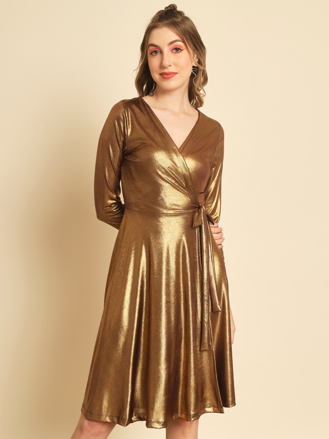 

BAESD Solid Shimmer Regular Sleeves Tie-Up Wrap Dress, Gold