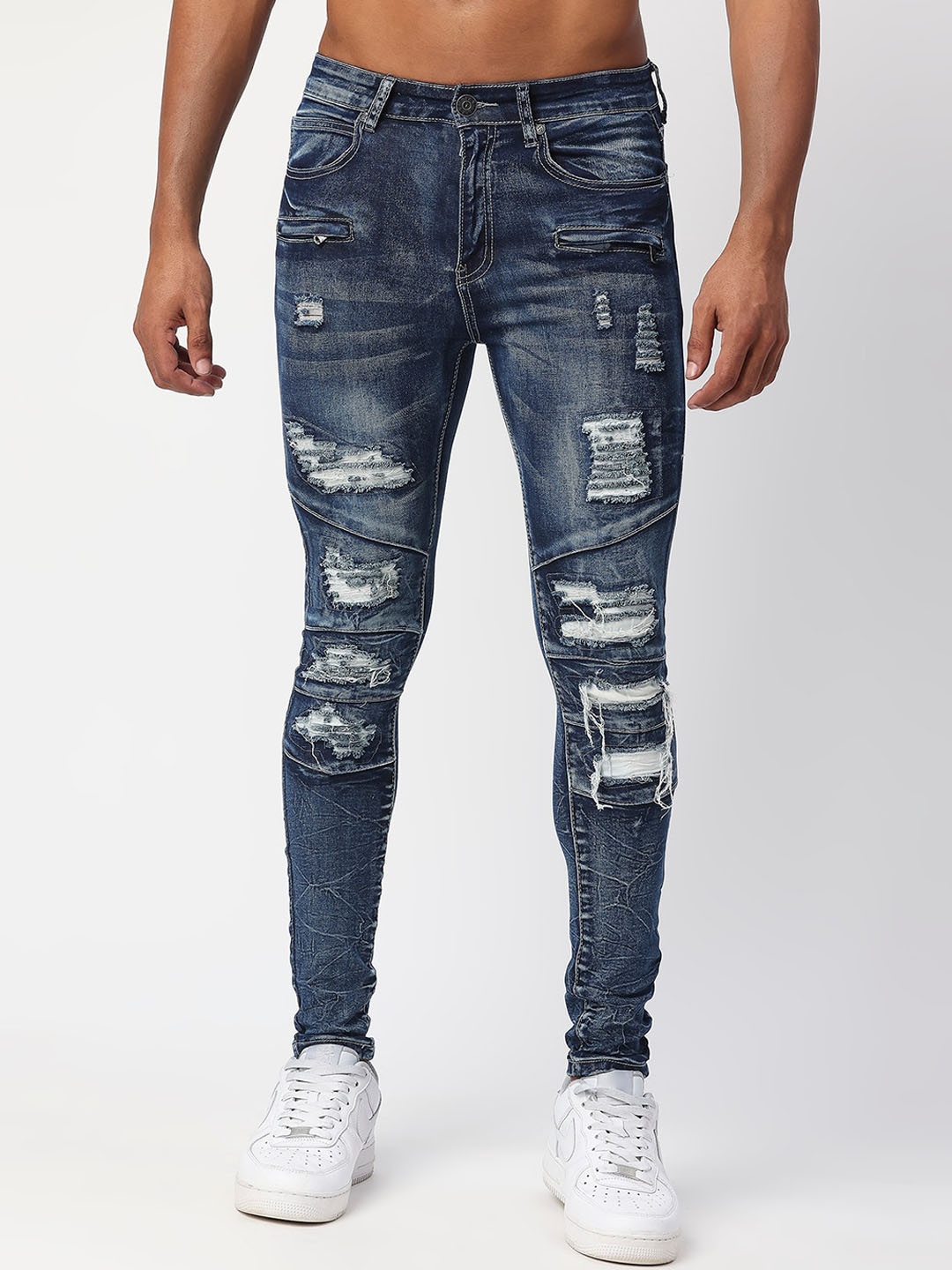 

WAIMEA Men Slim Fit Highly Distressed Heavy Fade Stretchable Jeans, Blue