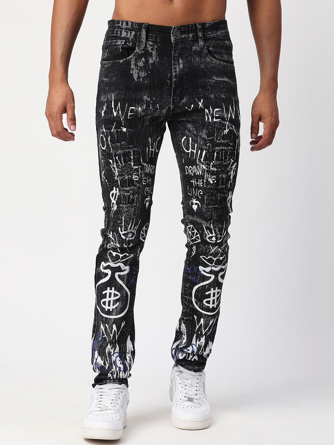 

WAIMEA Men Slim Fit Printed Highly Distressed Stretchable Jeans, Black