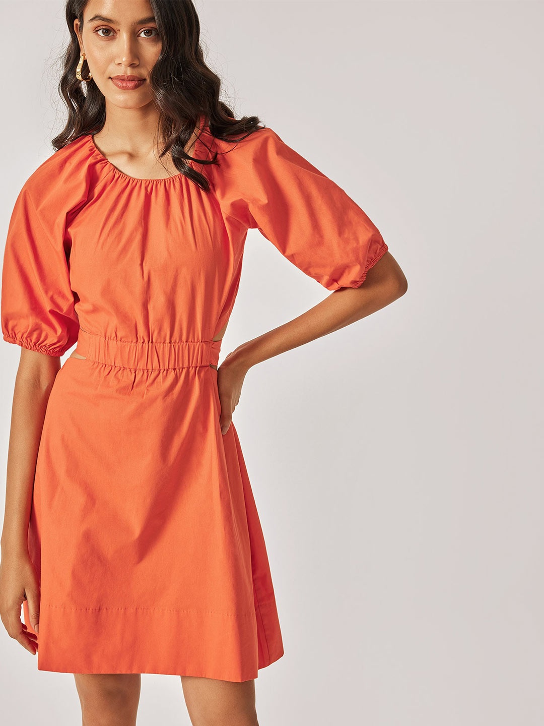 

The Label Life Puff Sleeve Cut Out Detailed A-Line Dress, Orange