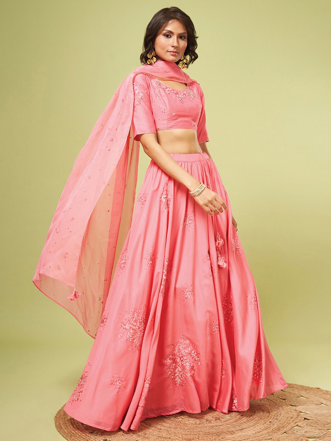 

Marigold Lane Embroidered Ready to Wear Organza Lehenga & Blouse With Dupatta, Pink