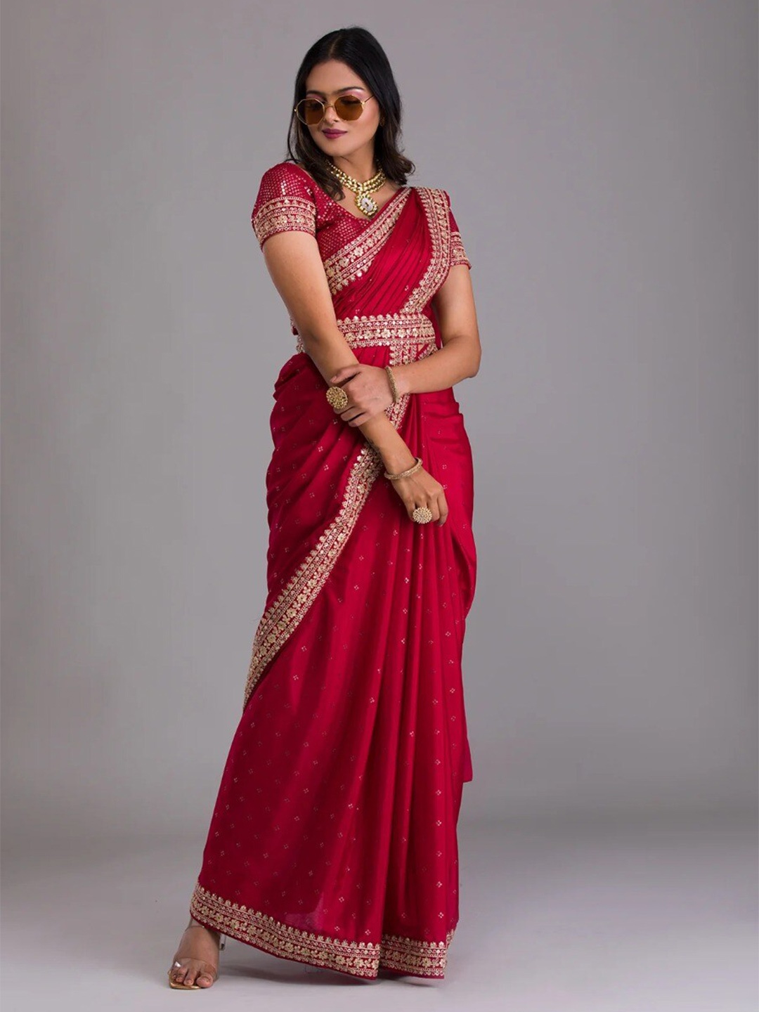 

VEERAX Embellished Sequinned Pure Georgette Saree, Red