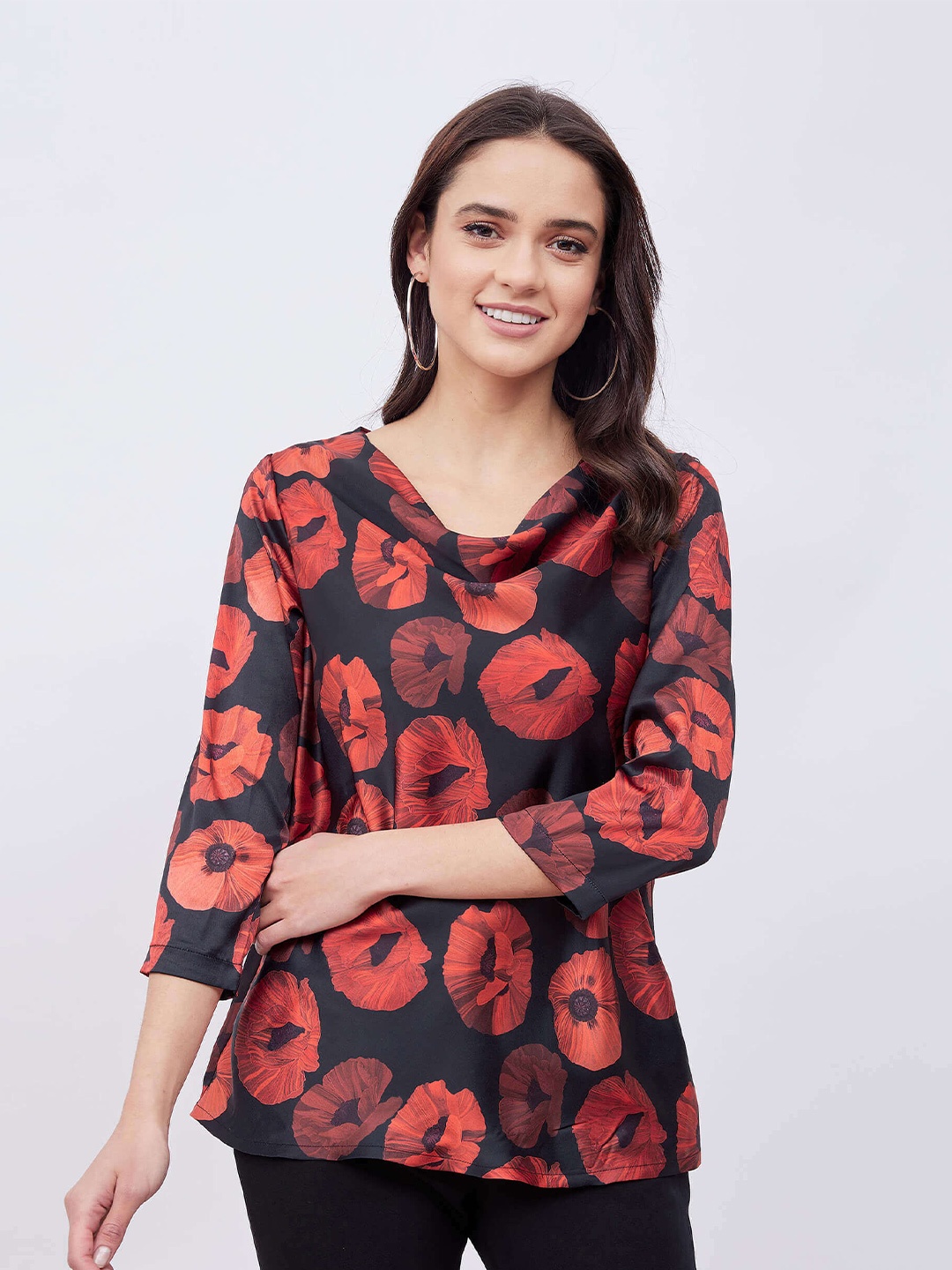 

SALT ATTIRE Floral Printed Cowl Neck Satin Top, Black