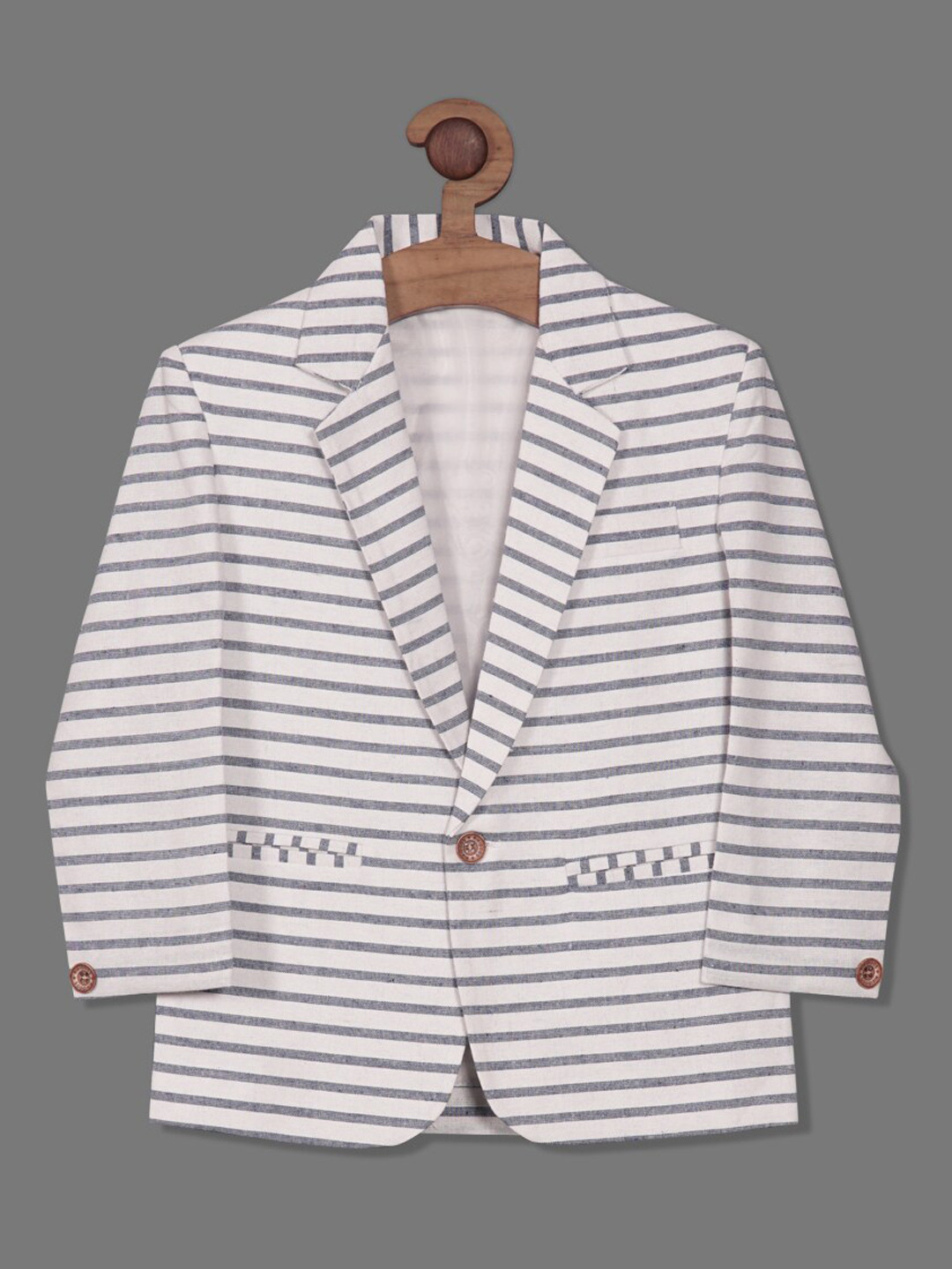 

RIKIDOOS Boys Striped Tailored Fit Single-Breasted Cotton Blazer, White