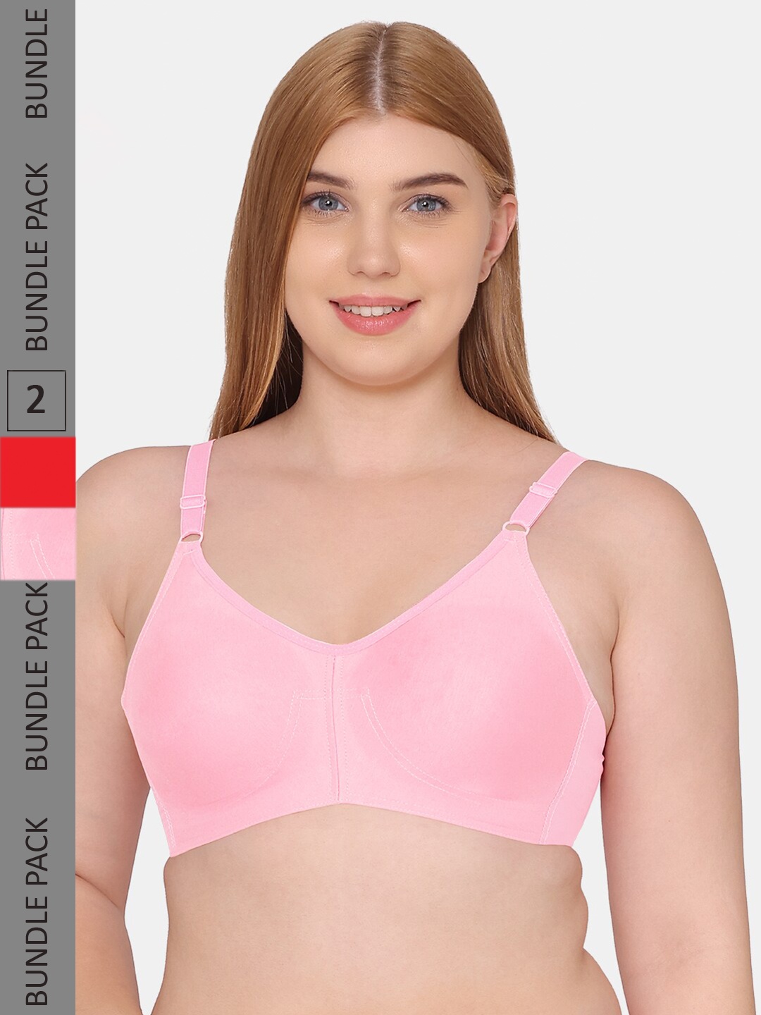 

Souminie Pack Of 2 Non Padded Seamless Non Wired Rash Free Cotton Full Coverage Bra, Pink