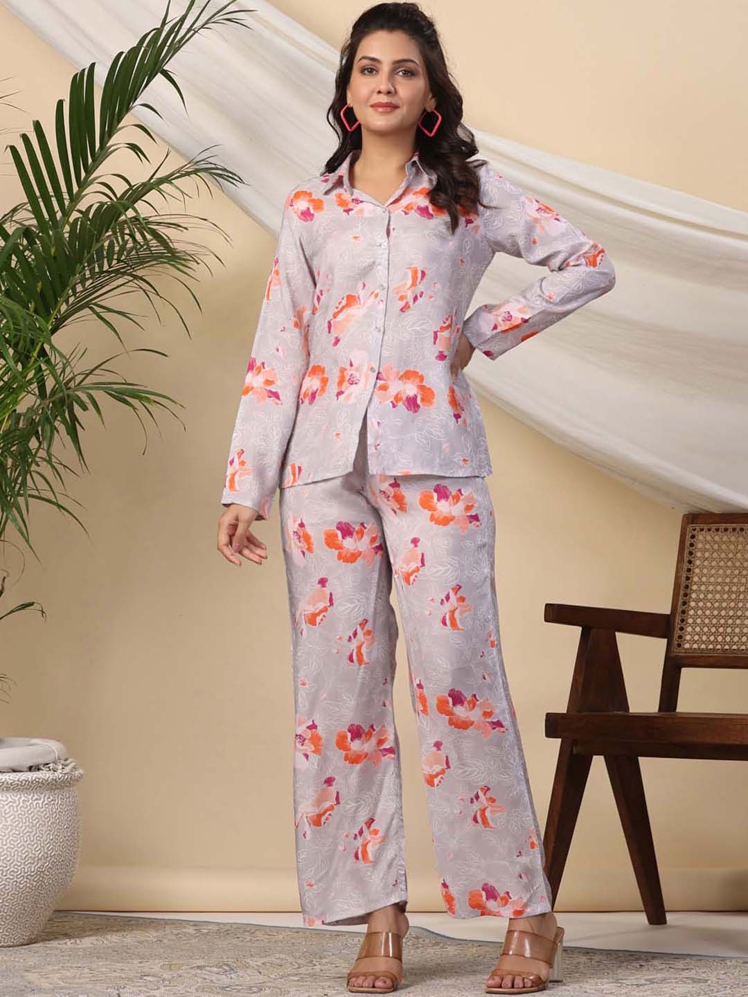 

Meena Bazaar Floral Printed Shirt With Trousers, Grey