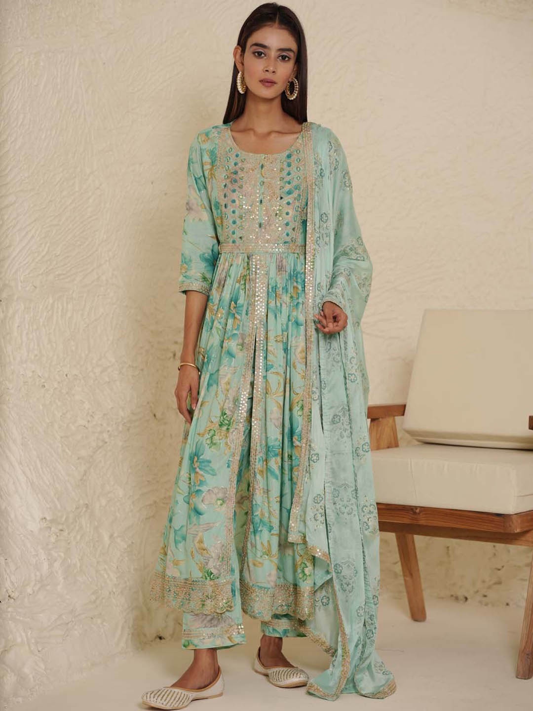 

Meena Bazaar Floral Printed Sequinned Kurta With Trousers & Dupatta, Sea green