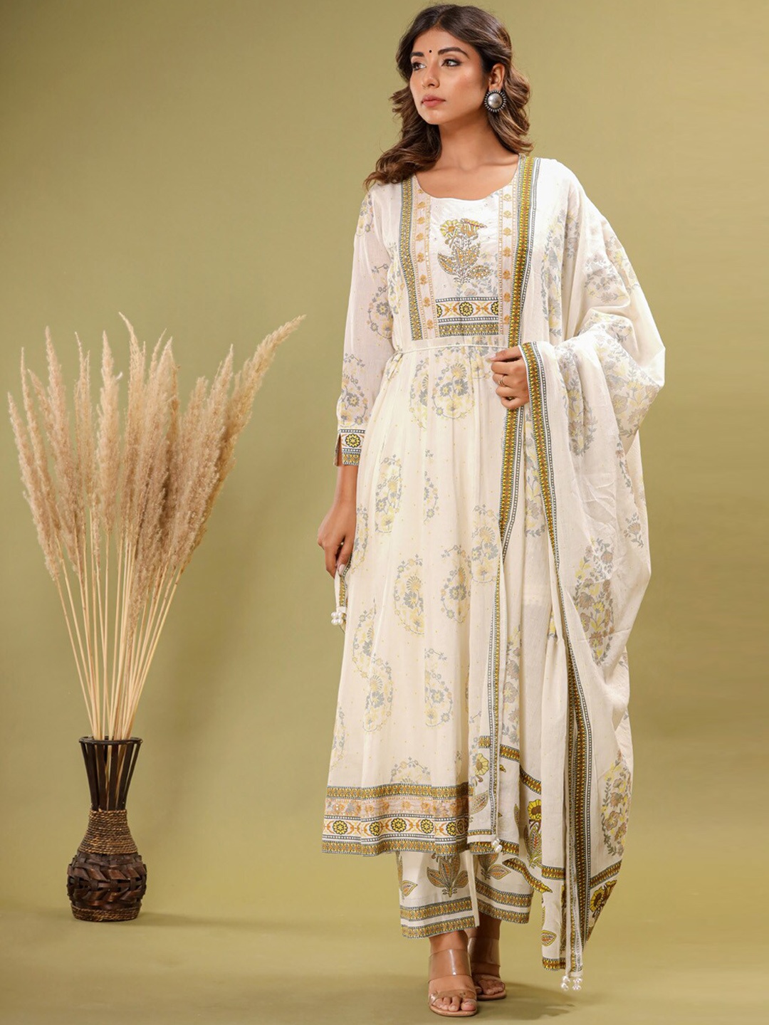 

Meena Bazaar Ethnic Motifs Printed Anarkali Kurta With Trousers & Dupatta, Cream