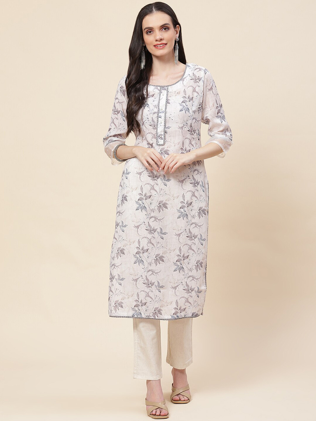 

Meena Bazaar Ethnic Motifs Printed Regular Pure Cotton Kurta with Trousers, Cream