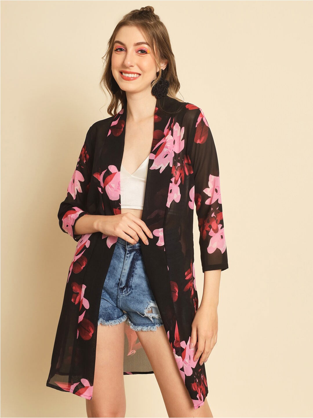 

BAESD Women Floral Printed Shrug, Black