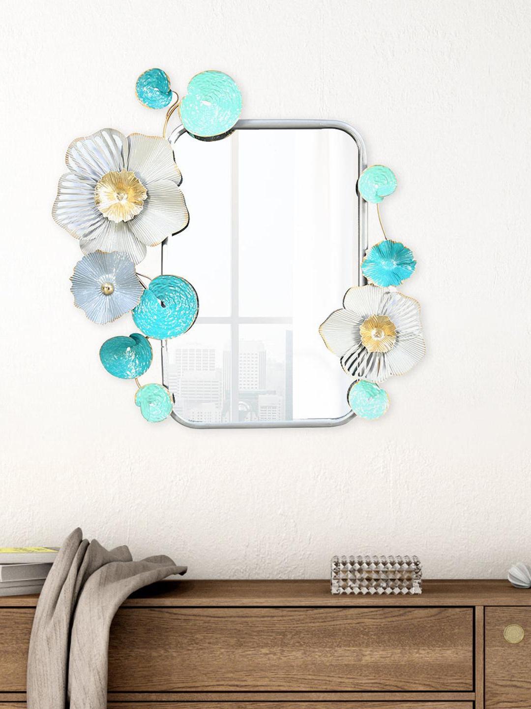 

Athome by Nilkamal Sea Green & Gold Toned Floral Rectangular Wall Mirror