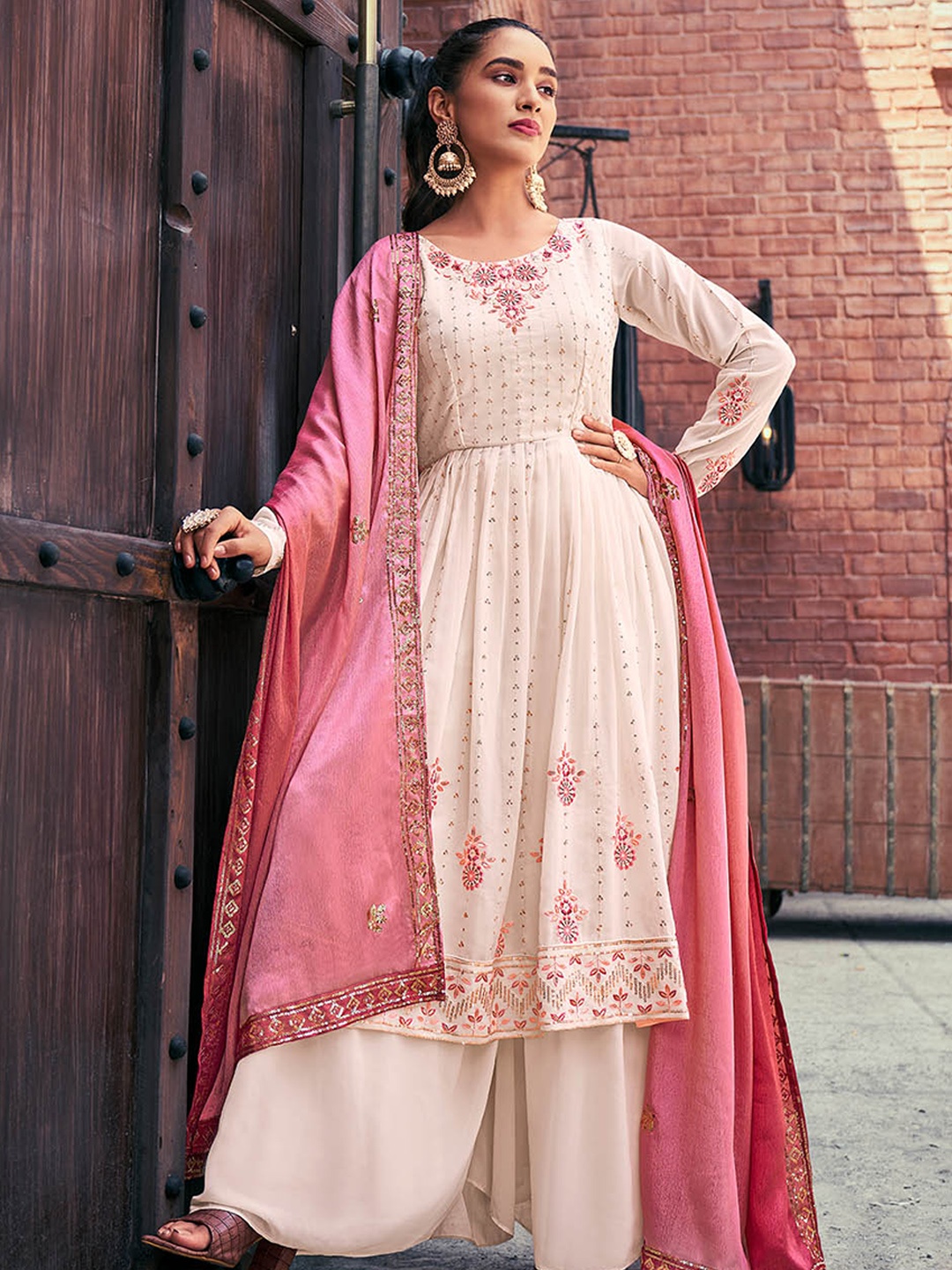 

ODETTE Ethnic Embroidered Regular Thread Work Georgette Semi Stitched Kurtha Set, Pink