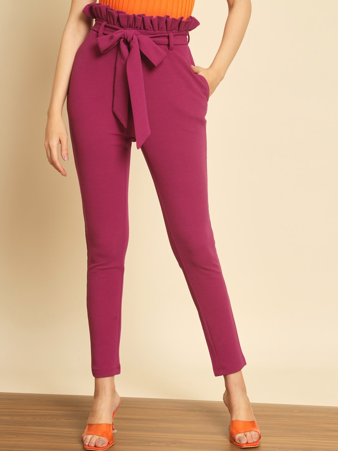 

BAESD Women Smart Mid-Rise Regular Trousers, Burgundy