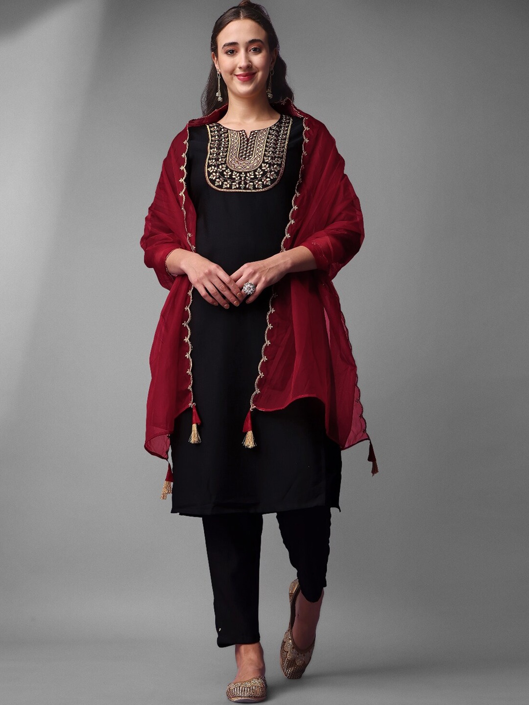 

KALINI Ethnic Motifs Yoke Design Regular Kurta with Trousers & With Dupatta, Black