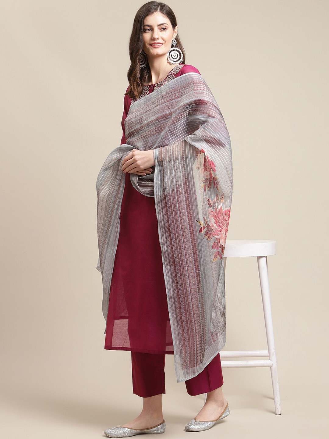 

KALINI Ethnic Motifs Yoke Design Regular Kurta with Trousers & With Dupatta, Purple