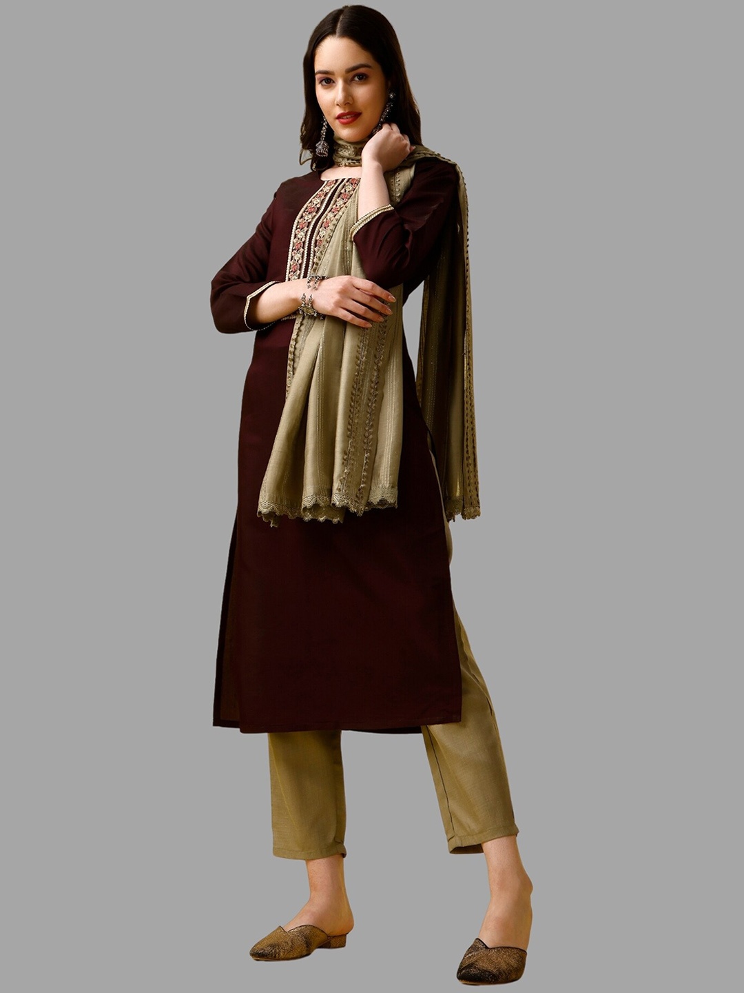 

KALINI Women Ethnic Motifs Yoke Design Thread Work Kurta With Trousers & Dupatta, Purple