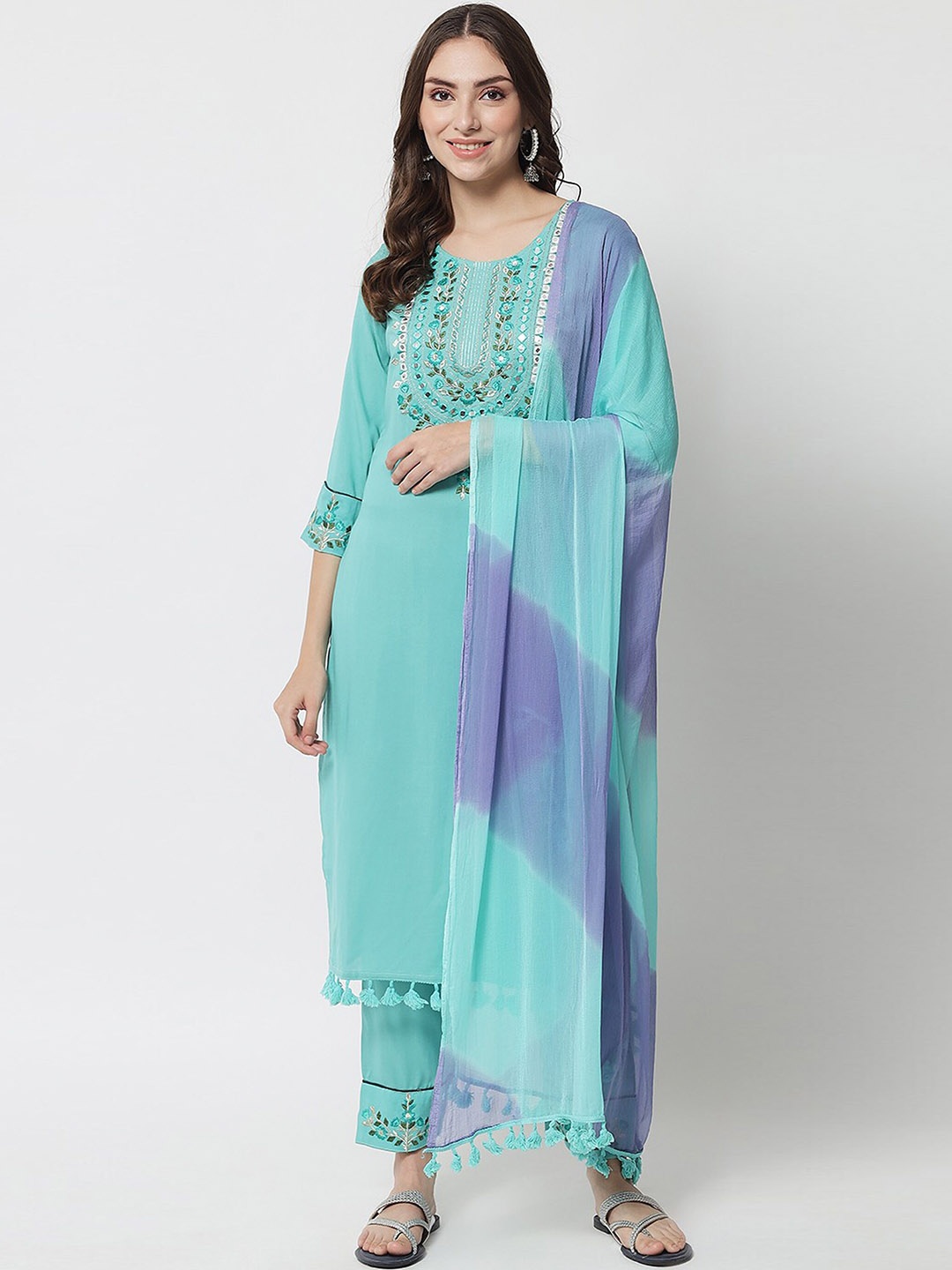 

KALINI Embroidered Regular Mirror Work Kurta with Trousers & Dupatta, Turquoise blue