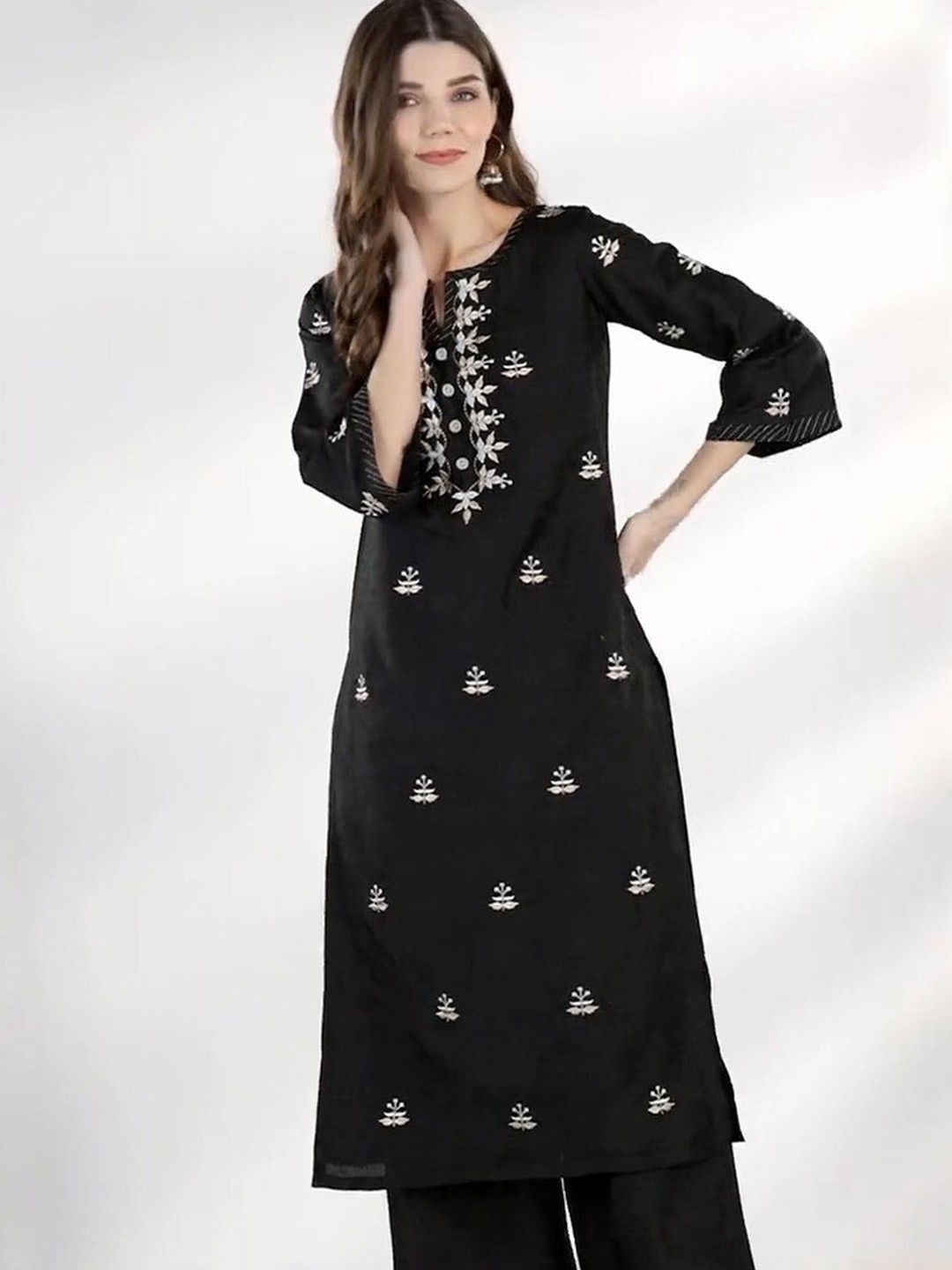 

KALINI Embroidered Regular Kurta with Trousers & With Dupatta, Black