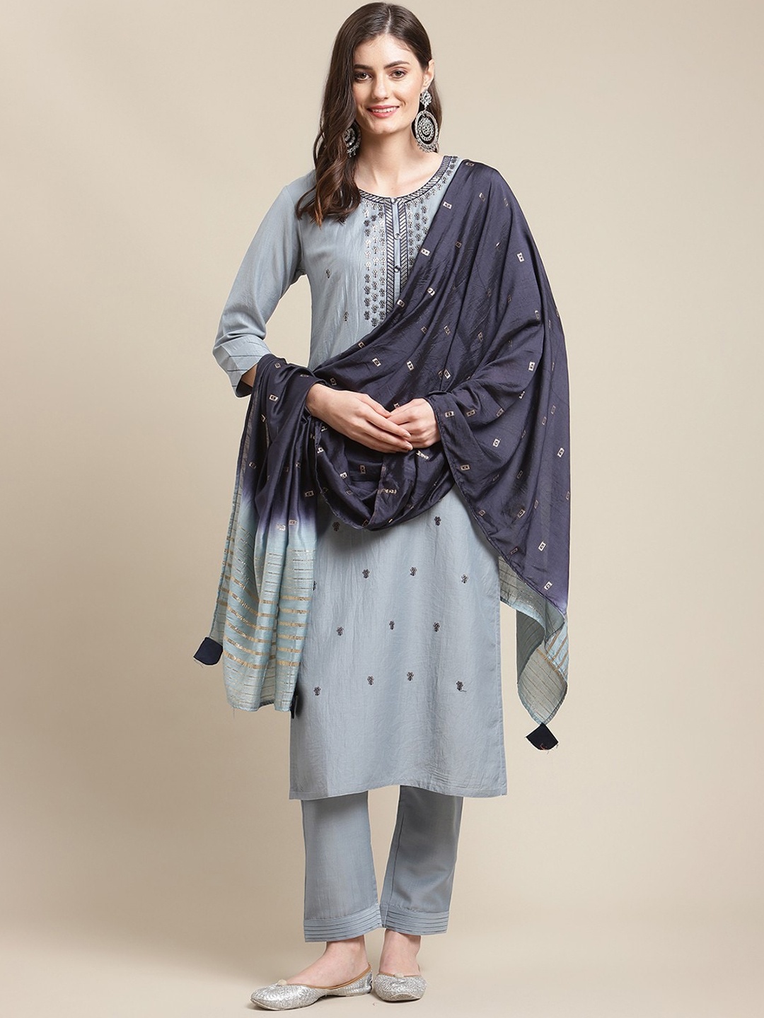 

KALINI Floral Embroidered Regular Sequinned Kurta with Trousers & With Dupatta, Grey