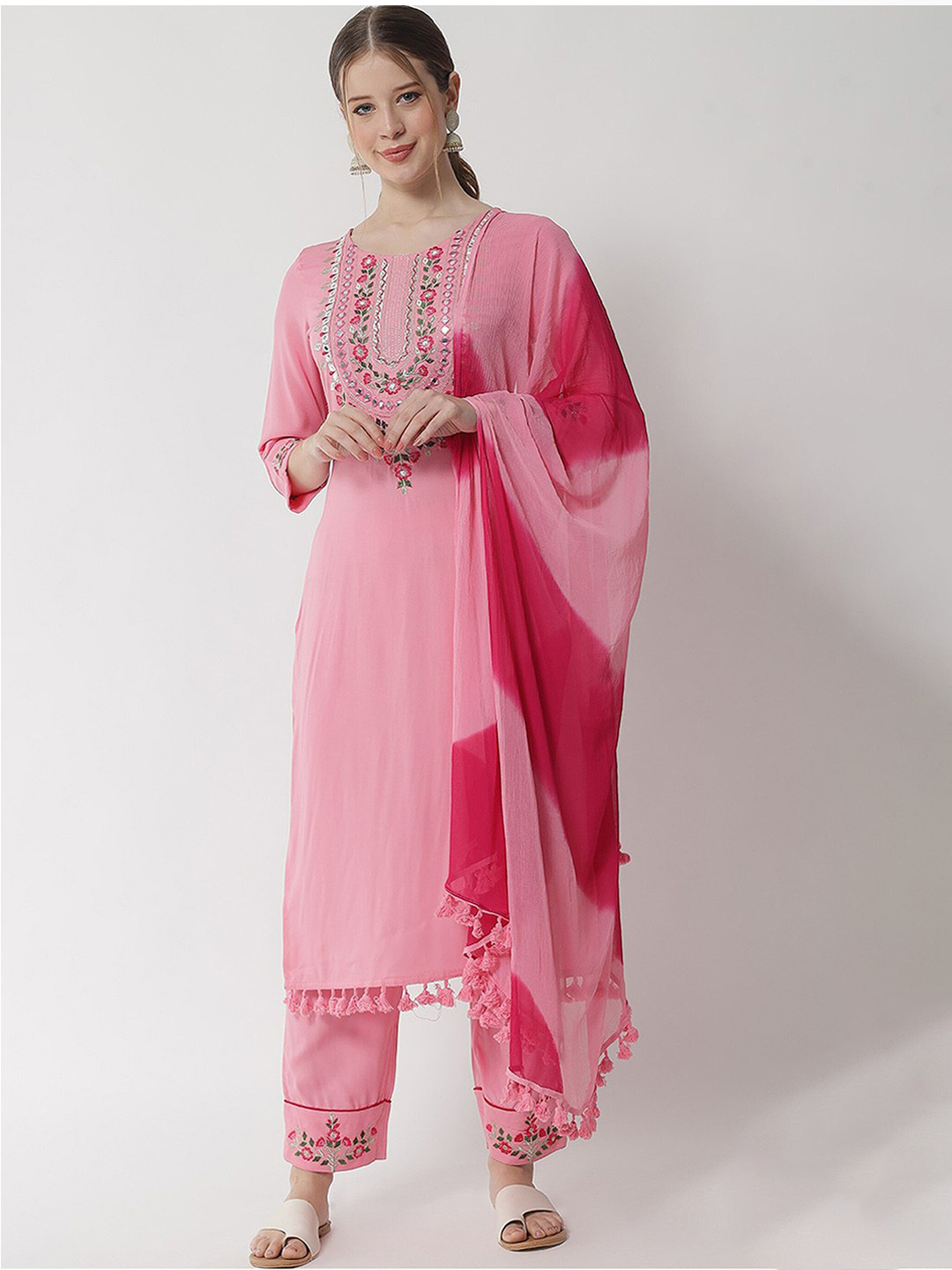 

KALINI Floral Yoke Design Kurta with Trousers & With Dupatta, Pink
