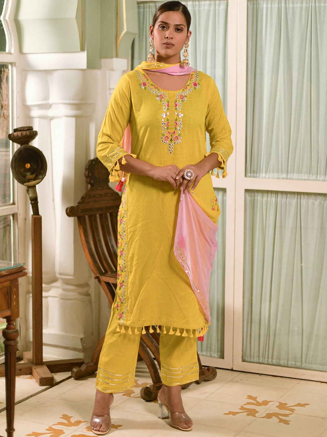 

KALINI Floral Embroidered Gotta Patti Kurta with Trousers & Dupatta, Yellow
