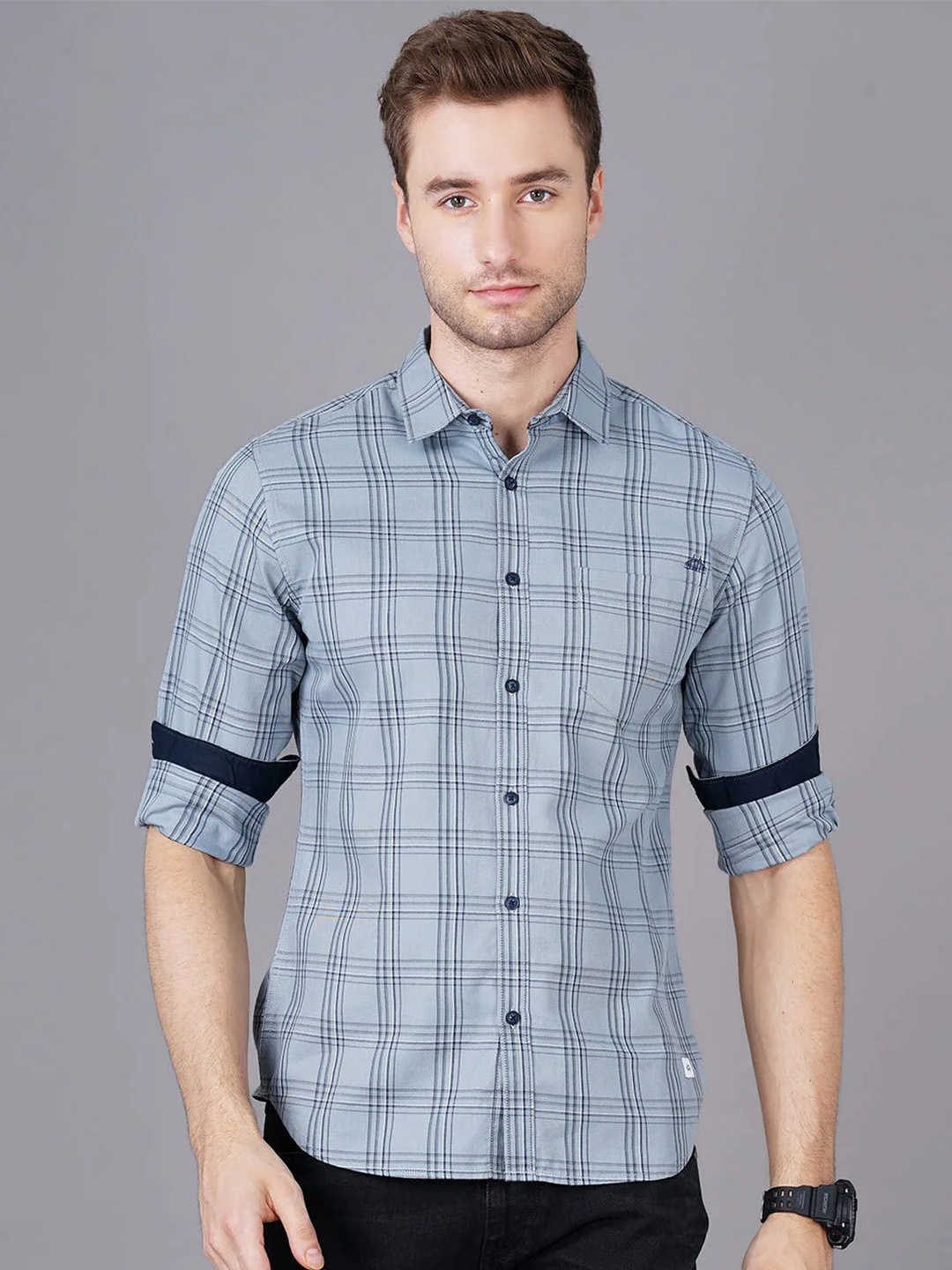 

British Club Men Smart Slim Fit Tartan Checked Opaque Cotton Casual Shirt, Grey