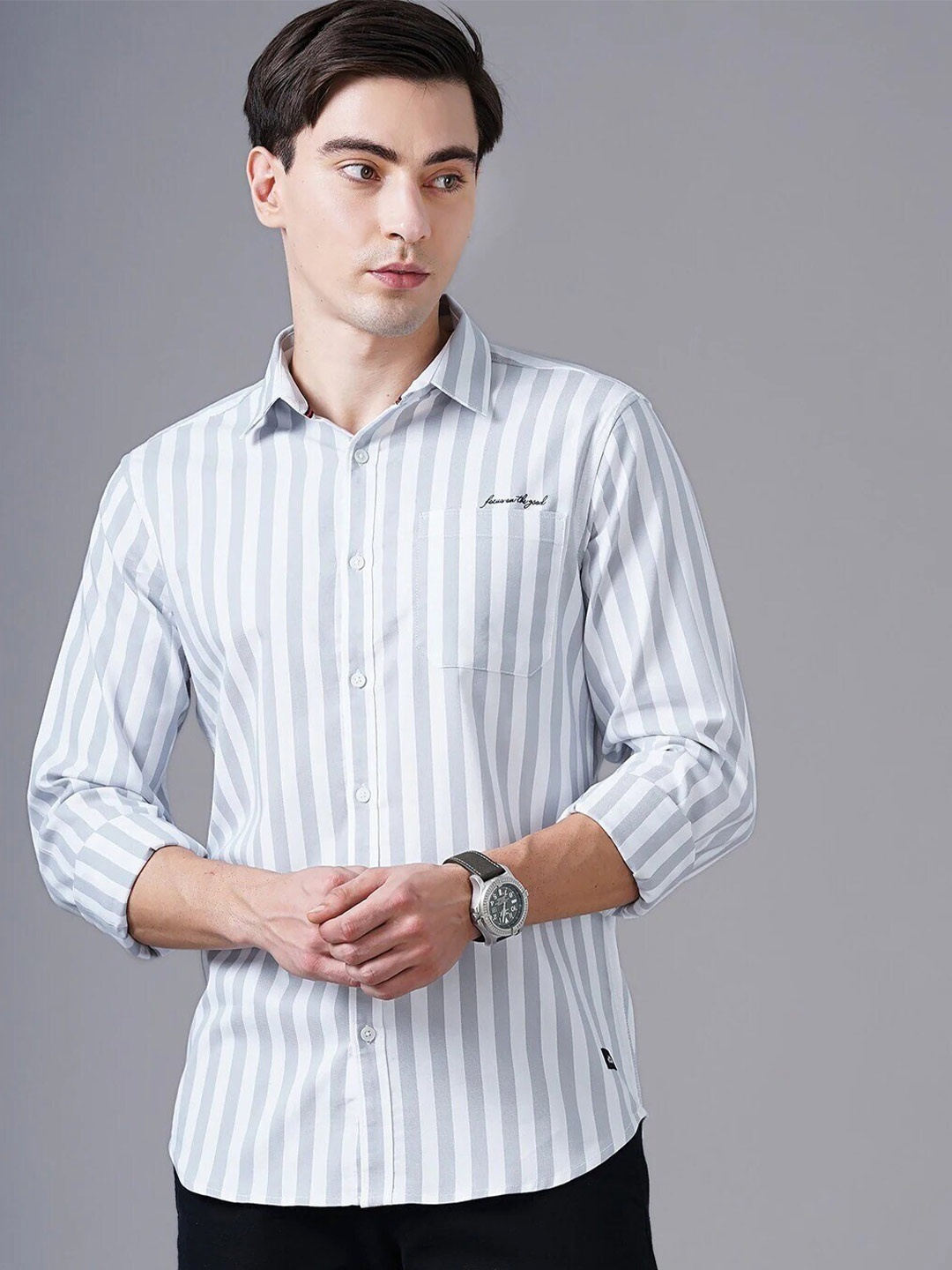 

British Club Smart Slim Fit Opaque Striped Pure Cotton Casual Shirt, Grey