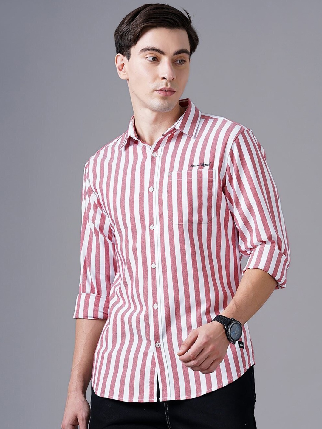 

British Club Men Red Smart Slim Fit Opaque Striped Casual Cotton Shirt