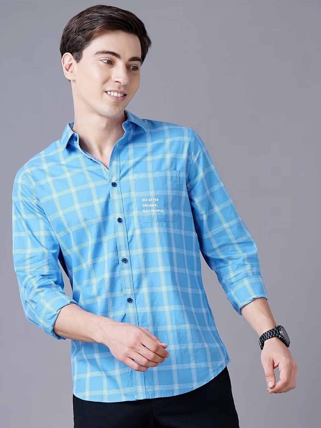 

British Club Smart Slim Fit Opaque Checked Cotton Casual Shirt, Blue