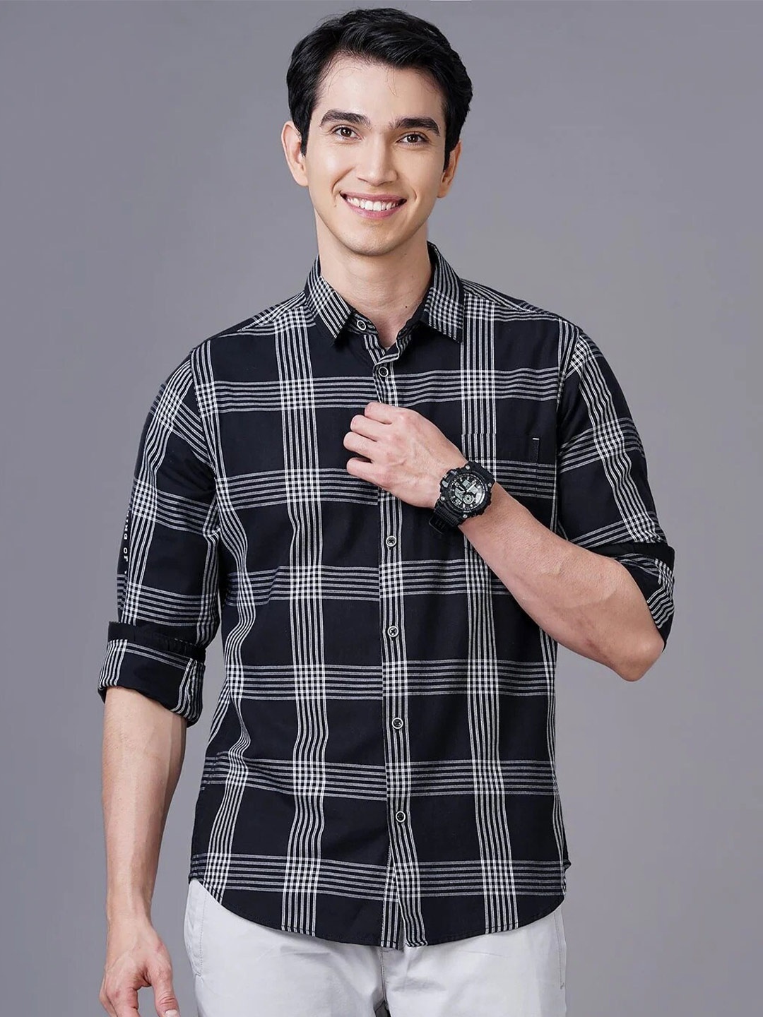 

British Club Other Checks Smart Slim Fit Cotton Casual Shirt, Black